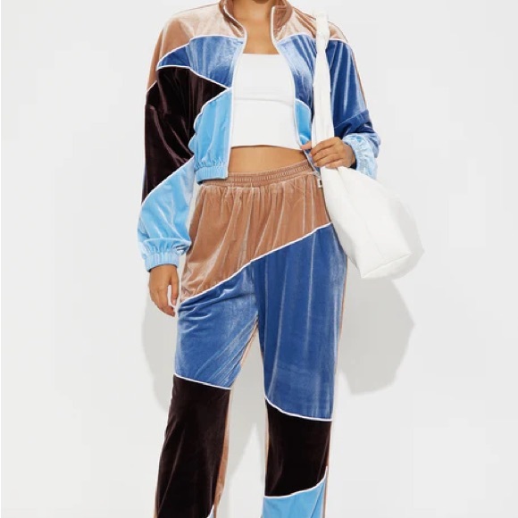 Pants - Colorblock Velvet Track Pants - Blue & Brown